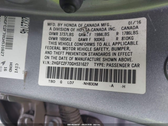 Продажа на аукционе авто 2016 Honda Civic Ex, vin: 2HGFC2F70GH531627, номер лота: 46206167