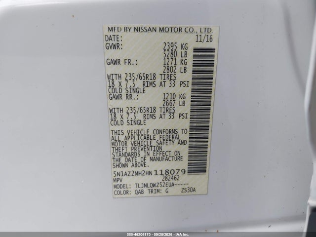 46206170 :رقم المزاد ، 5N1AZ2MH2HN118079 vin ، 2017 Nissan Murano Sv مزاد بيع