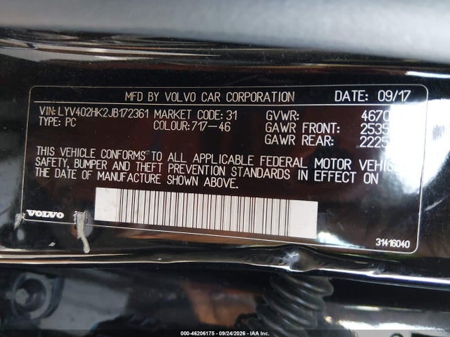 46206175 :رقم المزاد ، LYV402HK2JB172361 vin ، 2018 Volvo S60 Inscription T5 مزاد بيع