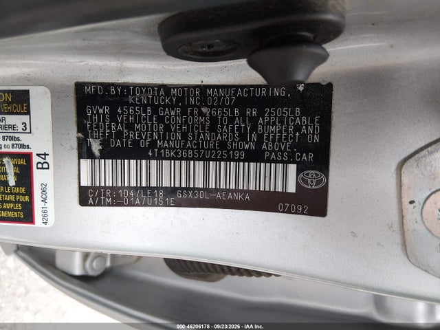 46206178 :رقم المزاد ، 4T1BK36B57U225199 vin ، 2007 Toyota Avalon Touring مزاد بيع