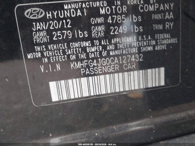 Aukcja sprzedaży 2012 Hyundai Azera, vin: KMHFG4JG0CA127432, numer aukcji: 46206188