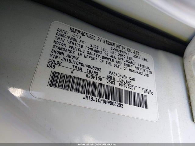 46206198 :رقم المزاد ، JN1BJ1CP0HW008292 vin ، 2017 Nissan Rogue Sport Sl مزاد بيع