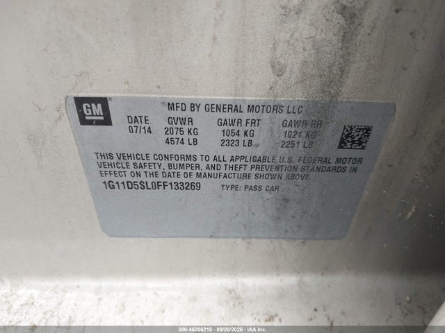 46206210 :رقم المزاد ، 1G11D5SL0FF133269 vin ، 2015 Chevrolet Malibu 2lt مزاد بيع