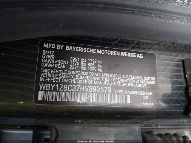 Aukcja sprzedaży 2017 Bmw I3 94 Ah W/range Extender, vin: WBY1Z8C37HV892579, numer aukcji: 46206254