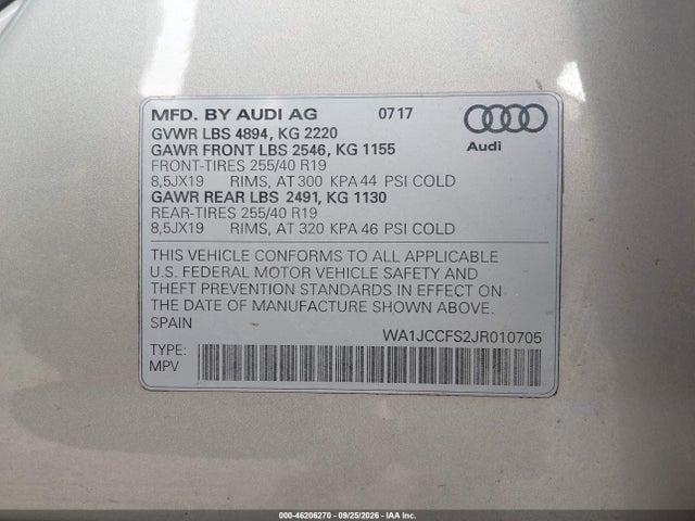 Aukcja sprzedaży 2018 Audi Q3 2.0t Premium/2.0t Sport Premium, vin: WA1JCCFS2JR010705, numer aukcji: 46206270