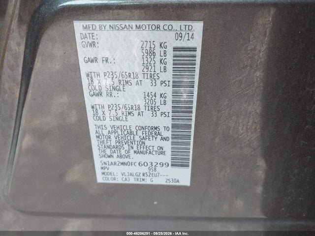 46206291 :رقم المزاد ، 5N1AR2MN0FC603299 vin ، 2015 Nissan Pathfinder Sl مزاد بيع