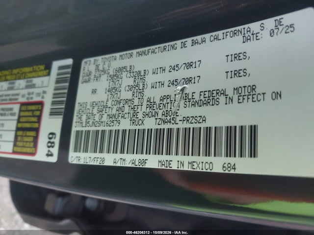 46206312 :رقم المزاد ، 3TMLB5JN2SM162579 vin ، 2025 Toyota Tacoma Sr5 مزاد بيع