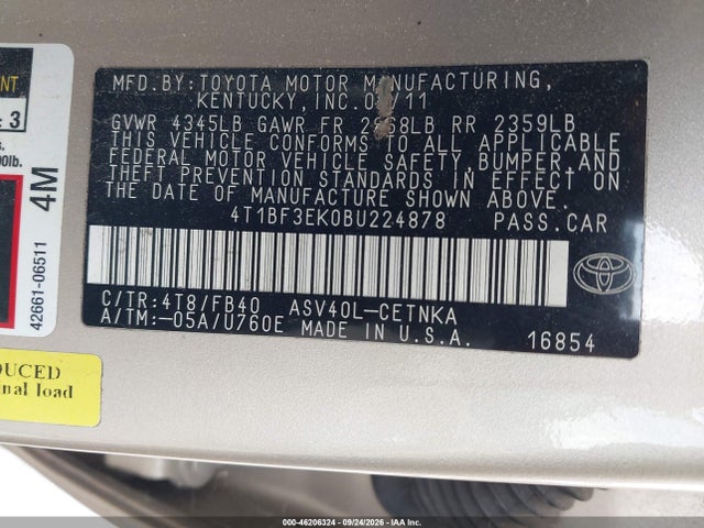 2011 Toyota Camry Le მანქანა იყიდება აუქციონზე, vin: 4T1BF3EK0BU224878, აუქციონის ნომერი: 46206324