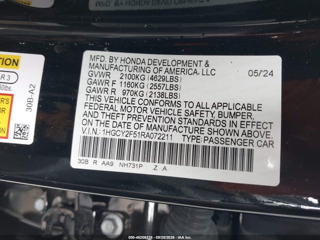 Aukcja sprzedaży 2024 Honda Accord Hybrid Sport, vin: 1HGCY2F51RA072211, numer aukcji: 46206328