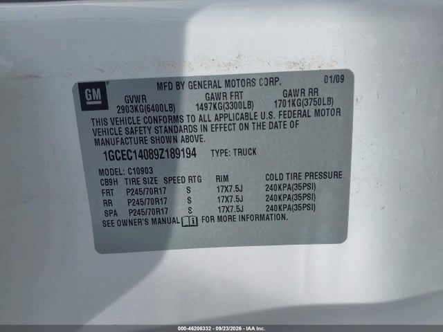 2009 Chevrolet Silverado 1500 Work Truck მანქანა იყიდება აუქციონზე, vin: 1GCEC14089Z189194, აუქციონის ნომერი: 46206332