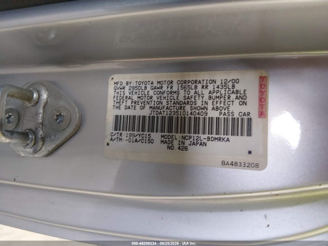 Продаж на аукціоні авто 2001 Toyota Echo, vin: JTDAT123510140409, номер лоту: 46206334