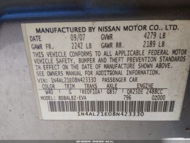 Продаж на аукціоні авто 2008 Nissan Altima 2.5 S, vin: 1N4AL21E08N423330, номер лоту: 46206340