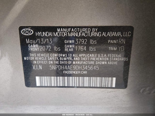 Aukcja sprzedaży 2013 Hyundai Elantra Limited, vin: 5NPDH4AE9DH345645, numer aukcji: 46206353
