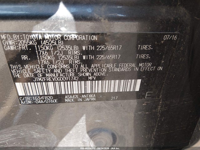46206372 :رقم المزاد ، JTMZFREV0GD091742 vin ، 2016 Toyota Rav4 Le مزاد بيع