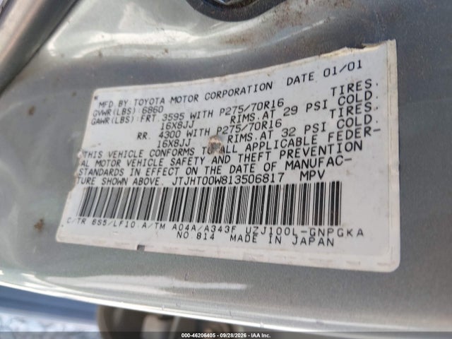 Aukcja sprzedaży 2001 Lexus Lx 470, vin: JTJHT00W813506817, numer aukcji: 46206405