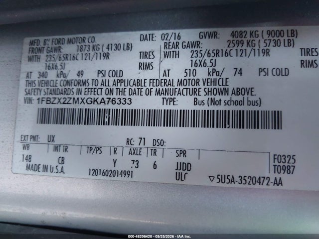 46206420 :رقم المزاد ، 1FBZX2ZMXGKA76333 vin ، 2016 Ford Transit-350 Xlt مزاد بيع