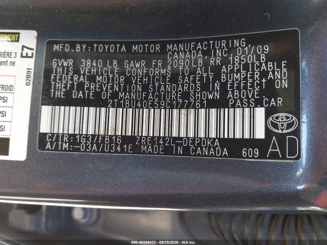 Aukcja sprzedaży 2009 Toyota Corolla Le, vin: 2T1BU40E59C177761, numer aukcji: 46206423
