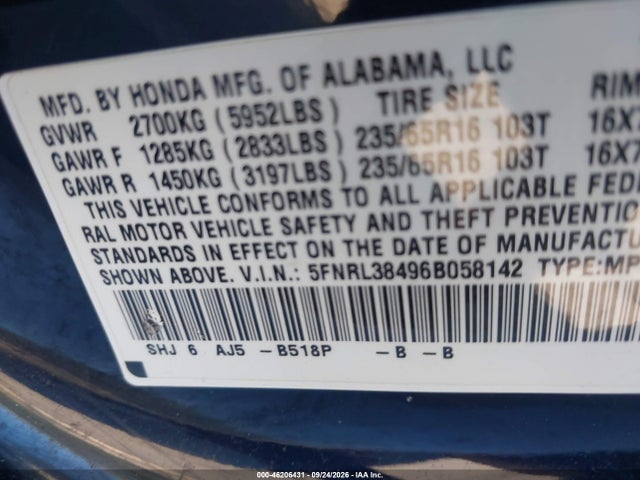Продажа на аукционе авто 2006 Honda Odyssey Ex, vin: 5FNRL38496B058142, номер лота: 46206431