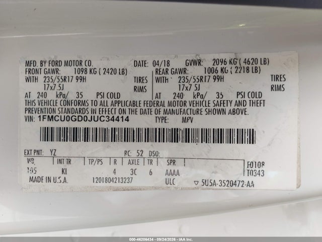 46206434 :رقم المزاد ، 1FMCU0GD0JUC34414 vin ، 2018 Ford Escape Se مزاد بيع