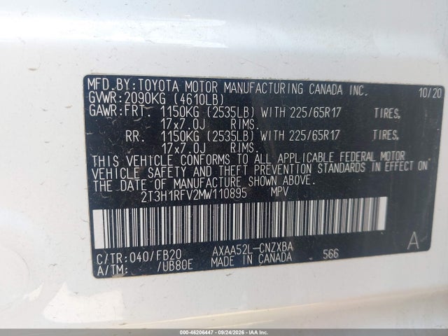 Aukcja sprzedaży 2021 Toyota Rav4 Le, vin: 2T3H1RFV2MW110895, numer aukcji: 46206447