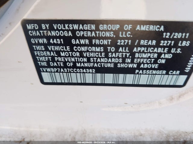 46206450 :رقم المزاد ، 1VWBP7A37CC034362 vin ، 2012 Volkswagen Passat 2.5l Se مزاد بيع