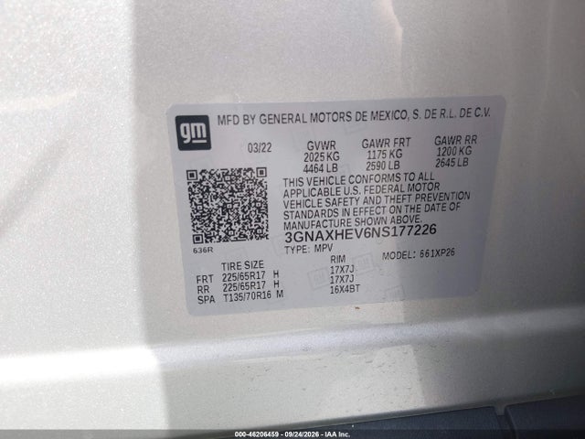 Aukcja sprzedaży 2022 Chevrolet Equinox Ls, vin: 3GNAXHEV6NS177226, numer aukcji: 46206459