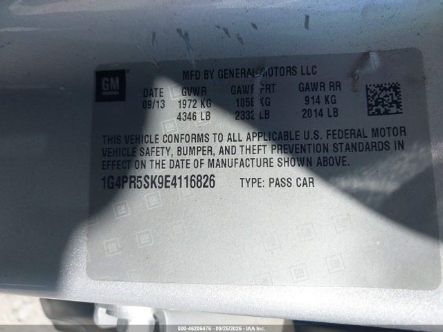 2014 Buick Verano Convenience Group მანქანა იყიდება აუქციონზე, vin: 1G4PR5SK9E4116826, აუქციონის ნომერი: 46206476