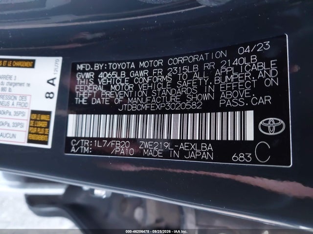 46206478 :رقم المزاد ، JTDBCMFEXP3020582 vin ، 2023 Toyota Corolla Hybrid Le مزاد بيع