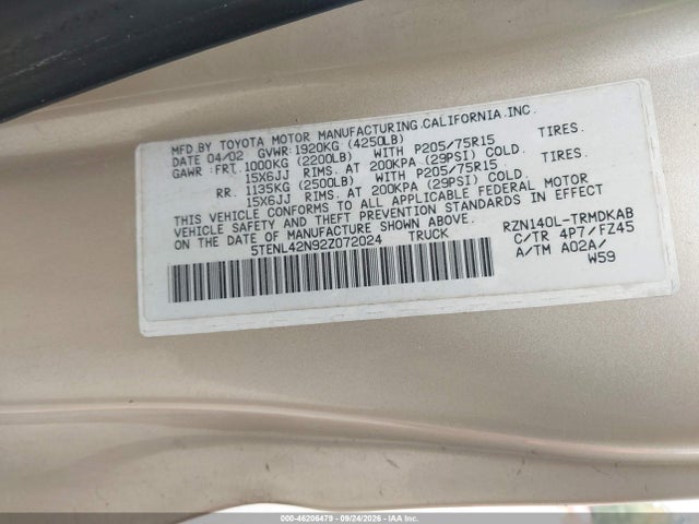 46206479 :رقم المزاد ، 5TENL42N92Z072024 vin ، 2002 Toyota Tacoma مزاد بيع