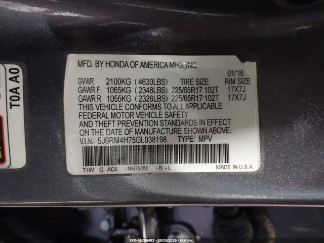 Продажа на аукционе авто 2016 Honda Cr-v Ex-l, vin: 5J6RM4H75GL038198, номер лота: 46206482