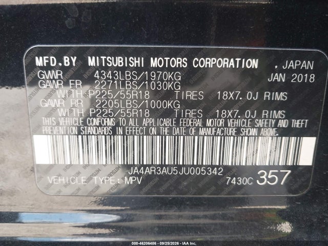 Aukcja sprzedaży 2018 Mitsubishi Outlander Sport 2.0 Le, vin: JA4AR3AU5JU005342, numer aukcji: 46206486