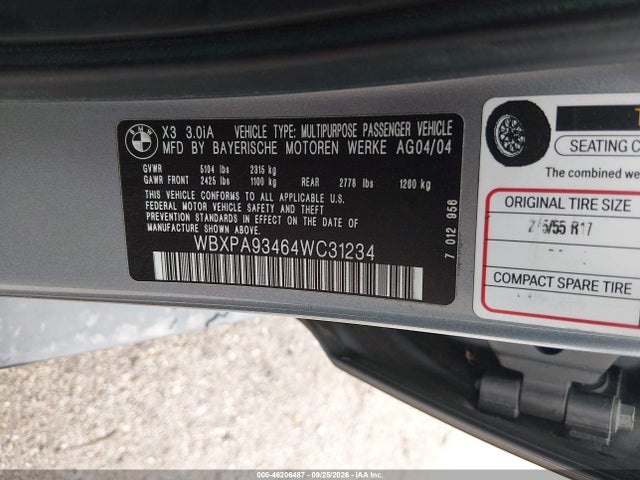 Aukcja sprzedaży 2004 Bmw X3 3.0i, vin: WBXPA93464WC31234, numer aukcji: 46206487