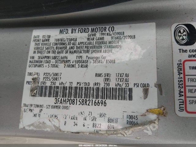 46206515 :رقم المزاد ، 3FAHP08158R216696 vin ، 2008 Ford Fusion Sel مزاد بيع