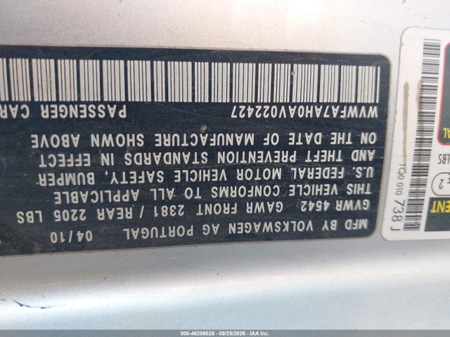Продаж на аукціоні авто 2010 Volkswagen Eos Lux, vin: WVWFA7AH0AV022427, номер лоту: 46206528