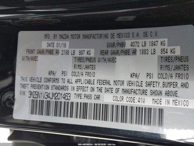 Продажа на аукционе авто 2018 Mazda Mazda3 Touring, vin: 3MZBN1V34JM201463, номер лота: 46206534