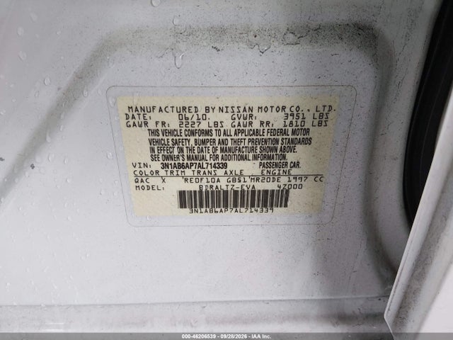 Aukcja sprzedaży 2010 Nissan Sentra 2.0 Sr, vin: 3N1AB6AP7AL714339, numer aukcji: 46206539