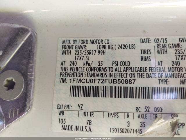 46206544 :رقم المزاد ، 1FMCU0F72FUB50887 vin ، 2015 Ford Escape S مزاد بيع