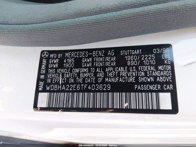 46206545 :رقم المزاد ، WDBHA22E6TF403629 vin ، 1996 Mercedes-benz C 220 مزاد بيع
