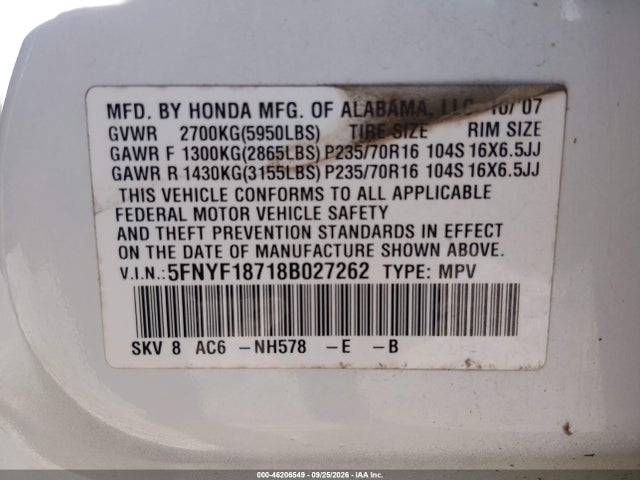 Aukcja sprzedaży 2008 Honda Pilot Ex-l, vin: 5FNYF18718B027262, numer aukcji: 46206549