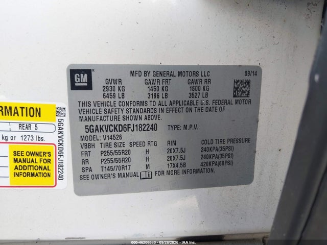 46206580 :رقم المزاد ، 5GAKVCKD6FJ182240 vin ، 2015 Buick Enclave Premium مزاد بيع