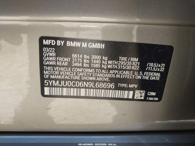 Aukcja sprzedaży 2022 Bmw X5 M, vin: 5YMJU0C06N9L68696, numer aukcji: 46206605