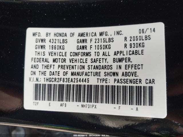 46206610 :رقم المزاد ، 1HGCR2F83EA254445 vin ، 2014 Honda Accord Ex-l مزاد بيع