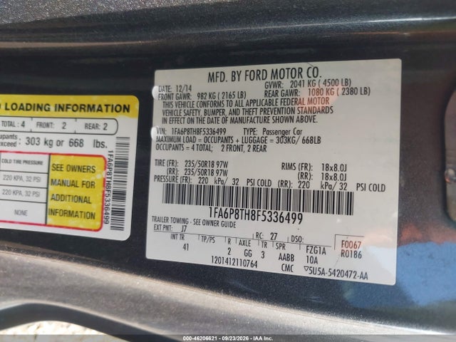 Продажа на аукционе авто 2015 Ford Mustang Ecoboost, vin: 1FA6P8TH8F5336499, номер лота: 46206621