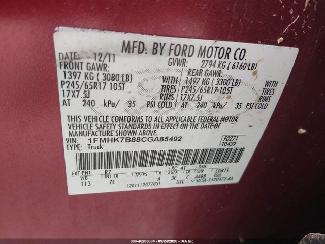 2012 Ford Explorer მანქანა იყიდება აუქციონზე, vin: 1FMHK7B88CGA85492, აუქციონის ნომერი: 46206634