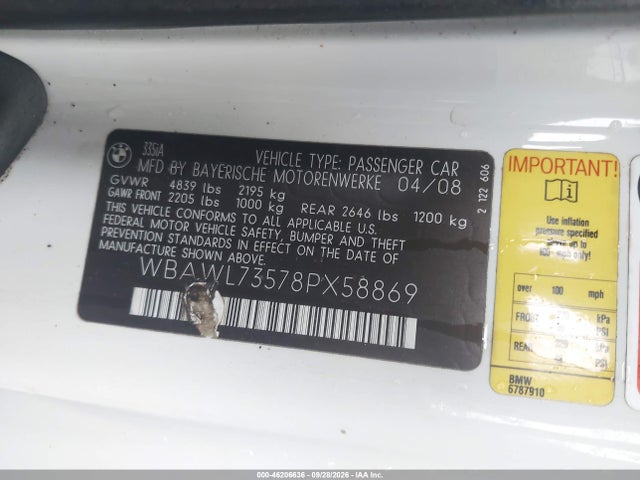 46206636 :رقم المزاد ، WBAWL73578PX58869 vin ، 2008 Bmw 3 Series 335i مزاد بيع