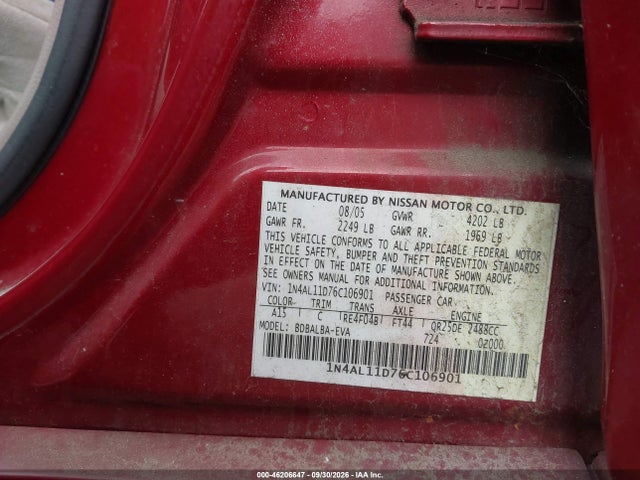 2006 Nissan Altima 2.5 S მანქანა იყიდება აუქციონზე, vin: 1N4AL11D76C106901, აუქციონის ნომერი: 46206647