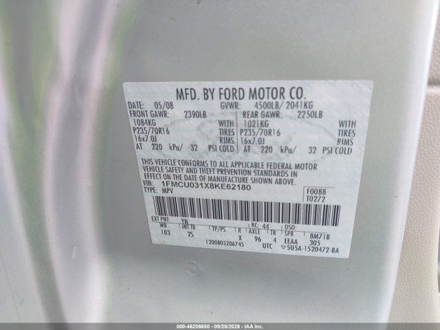 46206680 :رقم المزاد ، 1FMCU031X8KE62180 vin ، 2008 Ford Escape Xlt مزاد بيع