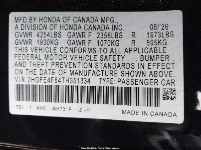 2HGFE4F84TH351334 Honda Civic Hybrid Sport/sport Touring