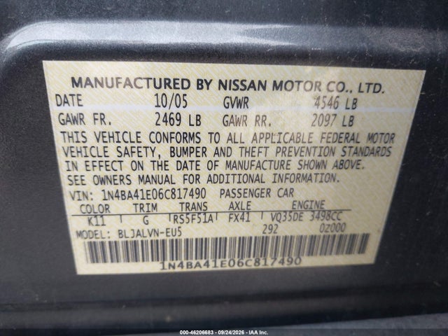 Продажа на аукционе авто 2006 Nissan Maxima 3.5 Se, vin: 1N4BA41E06C817490, номер лота: 46206683