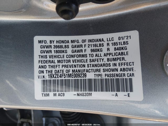 46206707 :رقم المزاد ، 19XZE4F51ME009239 vin ، 2021 Honda Insight Ex مزاد بيع